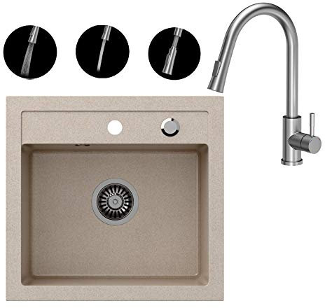 VBChome Spülbecken + Armatur 50 x 47 cm Beige Spüle Einzelbecken Küche Einbauspüle Verbundspüle Küchenspüle gesprenkelt flächenbündig + Siphon Waschbecken