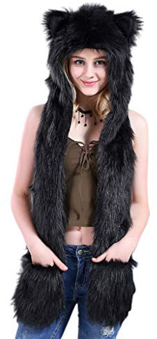 GUMEI 3 In 1 Frauen Männer Fluffy Plüschtier Wolf Leopard Hood Schal Schal Hut mit Pfoten Fäustlinge Handschuhe Verdicken Winter Warme Ohrenklappe Bomber Cap
