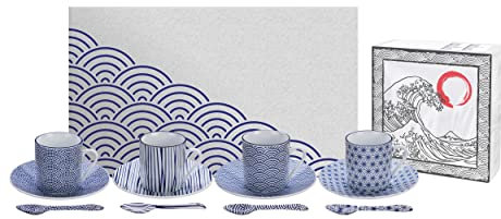 TOKYO design studio Nippon Blue - Juego de café espresso (12 piezas, 4 tazas de espresso con platillos y cucharas, porcelana asiática, diseño japonés, incluye caja de regalo)