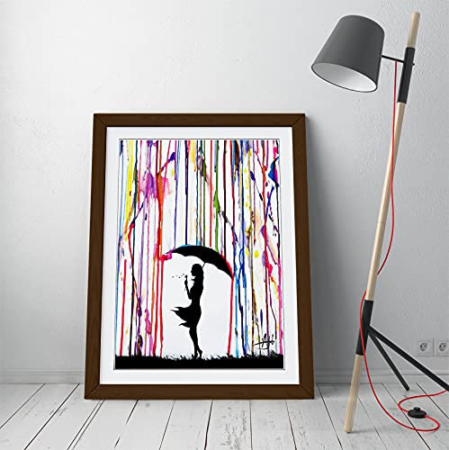 Banksy Regenschirm Mädchen – Premium Wandkunst, gerahmt, 3 Farben – 4 Größen (A4, Walnuss)