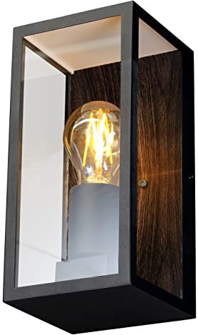 Außenwandleuchte Karo in Holzoptik/Schwarz, eckige Wandleuchte mit E27-Fassungen, max. 60 Watt, Außenleuchte mit Lichteffekt für den Eingangsbereich, Holz/Schwarz