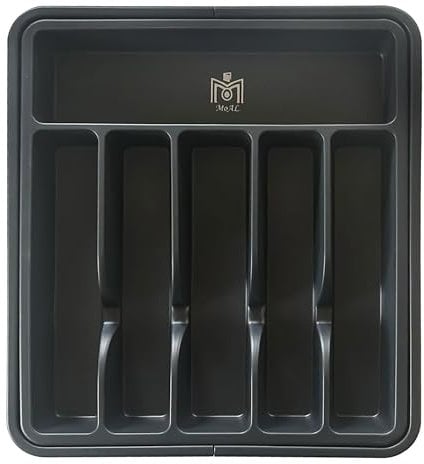 MoAL Large Expandable Cutlery Drawer Organiser - Adjustable Utensil Tray with 8 Compartments for Forks, Knives, Spoons, Jewelry, Stationary – Multipurpose Plastic Kitchen Drawer Storage, Black
