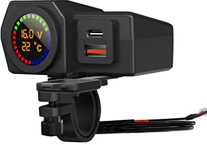 Motorcycle USB Charger Waterproof, Dual Quick Charge Ports - 5V 3.4A/3A USB and Type-C PD, Motorbike Handlebar Adapter Charger Socket with Power Switch, Voltmeter & Thermometer for Phone, Tablet, GPS