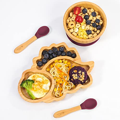 Vinsani Bamboo Dinosaur Plate Bowl and Spoon Set for Baby Toddler Kids Children, Suction Plate, Stay-Put Non-Slip Base Design, Hypoallergenic, Food-Grade Silicone and BPA-Free Baby Feeding Set (Red)