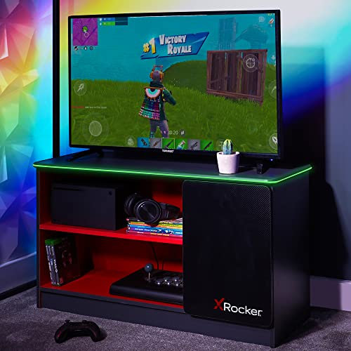 X-Rocker Carbon-Tek Black LED TV Unit 4 Shelf Modern Gloss Matte MDF Living Room Cabinet Media Stand Furniture with Customisable LED Lighting for Ambient Lighting, 42 TV Supported - GREY/RED