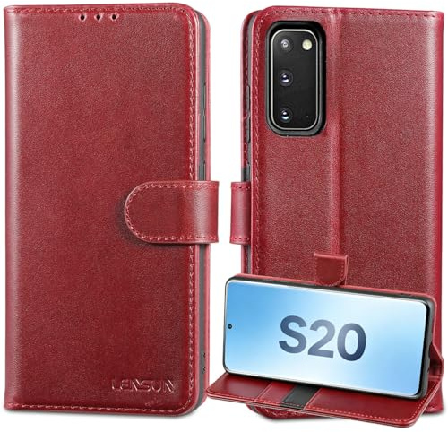 LENSUN Echtleder Hülle für Samsung Galaxy S20, Handyhülle [Echtes Leder] [Magnetverschluss] [RFID Blocker] Handytasche Lederhülle für Galaxy S20 5G - Weinrot