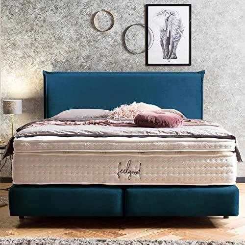 Premium Boxspringbett 160x200 London Samt, ohne Visco-Topper, Doppelbett, Hotelbett, ohne Bettkasten, 7 Zonen Taschenfederkern-Matratzen, Aufbau KOSTENLOS (Petrol, 160x200 cm ohne Topper)