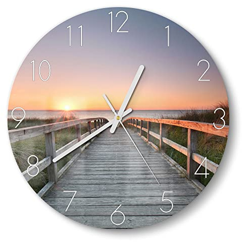 DEQORI Glasuhr | rund Ø 30 cm | Motiv Strandpfad in Abendsonne | ausgefallene leise Design Uhr aus Glas | Wanduhr für Wohnzimmer & Küche | moderne Hingucker Uhr für die Wand