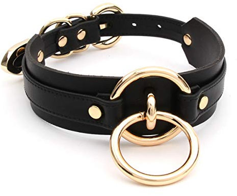 lalatia Damen Halsband O Ring Kunstleder Choker Halskette (Schwarz Gold)
