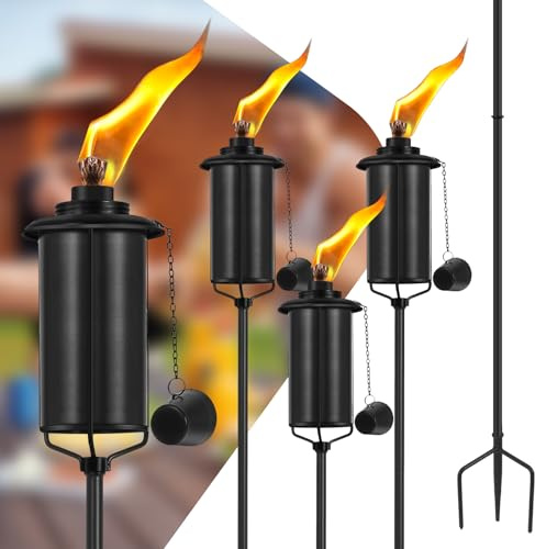 FAN-Torches Home Garden Torch Set of 4, 16oz Outdoor Metal Torch Garden Décor, 59-Inch Upgraded Citronella Torches with 3-Prong Grounded Stake, Metal Light Torches for Party Patio Pathway