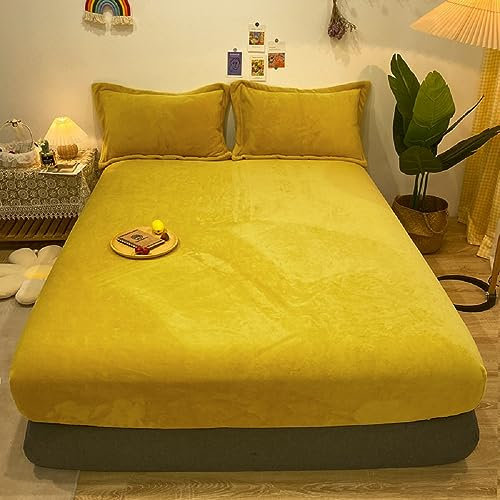 Fleece Spannbettlaken Spannbetttuch Warm Winter 200x200 Gelb Flausch Cashmere Touch Teddy Plüsch Flanell Kuschelig Flauschig Nicki Velours Bettlaken Bett für Boxspringbett Hohe Matratzen bis 30 cm