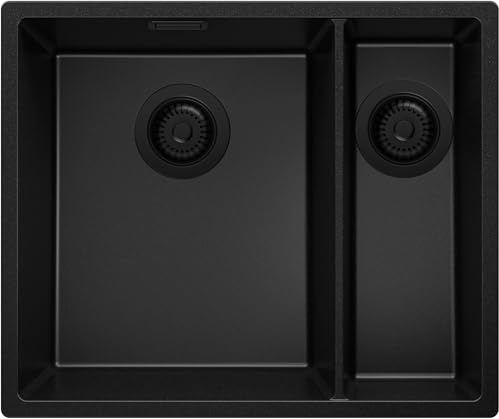 PRIMAGRAN Spülbecken ab 60er Unterschrank + Ablauf-Set, 56x47cm | Set: Ablauf-Set (Siphon, Ablaufgarnitur, Überlauf) + Granitspüle 1,5 Becken - London Duo Slim, Alles Schwarz