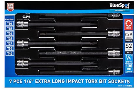 Blue Spot Tools 7 PCE 1/4 Extra Long Impact Torx Bit Sockets (T10-T40)