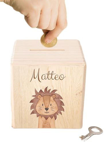 wunderwunsch - Personalisierte Spardose Kinder aus Holz mit Metallschloss - Spardose mit Namen mit kinderfreundlichem UV-Druck zum Sparen für Kinderträume