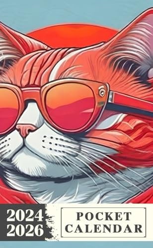 Pocket Calendar 2024 - 2026: Three-Year Monthly Planner for Purse , 36 Months from January 2024 to December 2026 | Cool red cat | Sunglasses | Cartoon style