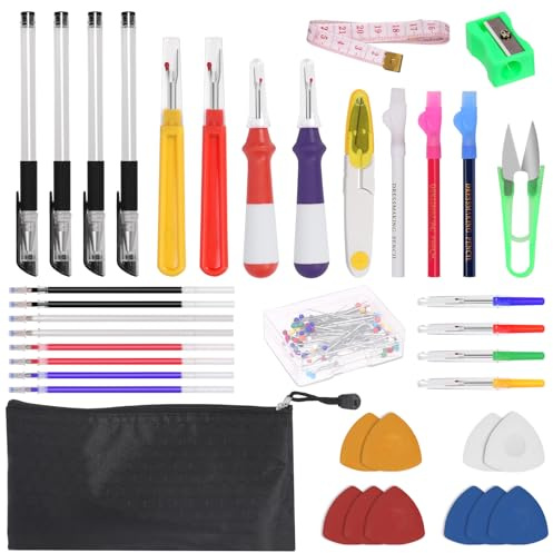 Swpeet Seam 138Pcs Nähwerkzeug Kit, Naht Ripper Kit mit Schere, Nähstifte, Stift Nachfüllungen, Stifthalter, farbige Kreiden, Schneiderwerkzeuge Kreide, Lineal und Bleistiftschärfer für Handwerk