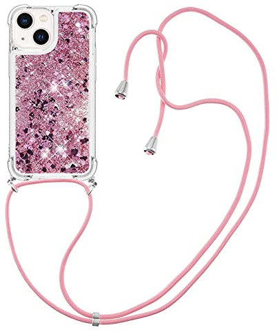IMIRST Lanyard Case Compatible with iPhone 15 Plus Bling Liquid Glitter Silicone Shell ShockProof Kawaii Cover with Cord Necklace Case for Apple iPhone 15 Plus / 14 Plus. LP Love Rose