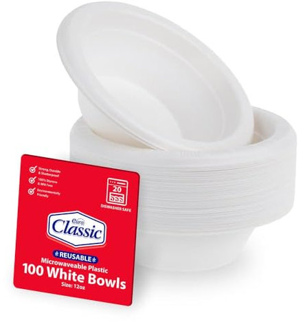 Euro Classic White Lightweight Plastic Plates 100 Pack - Microwave and Dishwasher Safe - Bulk Dinnerware Set for Catering, Events, Parties, and Everyday Use (12oz Bowls)