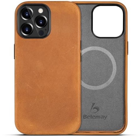 Belemay Crazy Horse Leather Case for iPhone 14 Pro, Compatible with MagSafe | Full Grain Waxed Pull-Up Leather, Unique Patina, Warm Touch, Metal Buttons & Raised Camera Bezel, Slim Fit, Sunset Tan