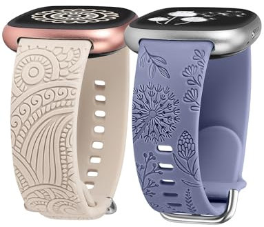 TOYOUTHS 2 Stück Floral Gravierte Armband kompatibel mit Fitbit Versa 4/Versa 3/Sense 2/Sense Armband, Sport Solo Loop Silikon Boho Henna/Löwenzahn Blume Cute Versa 4 Armbänder, Polarstern/Blau