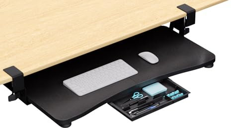 CALASK Desktop Keyboard Tray, Under Desk Pull Out,25.59 X 11.81 Large Size Radian Keyboard Tray with C-Clip Mount, Easy Installation, Computer Keyboard Stand, for Home Study and Office(Wood)