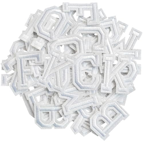 ZESION Iron on Letter 52Pcs Alphabet A to Z Patches with Ironed Adhesive, Decorate Repair Patches for Jackets Shirts Hats Bags Jeans/White