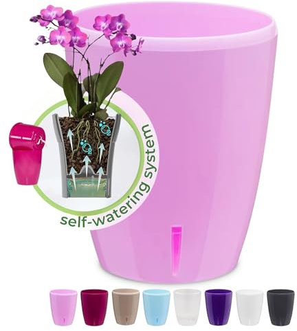 Happyplants ORCHIDEA Clear Orchid Self-Watering Flower Pot Planter With Water Level Indicator Water Reserve And Drainage Holes (Lavender, Ø 15CM - 2L)