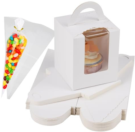 KEYIDO 24 Pcs Individual Cupcake Boxes with 50 Pcs Sweet Cone Bags and Ties White Single Cupcake Boxes with Clear Window Inserts for Wedding Birthday Party Favors
