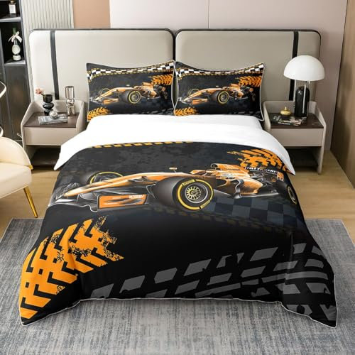 Rennen Auto Bettwäsche Set für Kinder Jungen 135x200 Gelb Sport Auto Bett Set Moderne Rennstrecke Bettbezug Kariertes Gitter Geometrische Bettwäsche Abdeckung mit Eckbindern,1 Kissenbezug