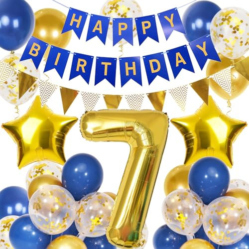 Douvelue 7 Geburtstag Dekorationen Jungen, Navy Blau Gold Luftballons und Happy Birthday Banner, 40 Zoll Zahl 7 Folie Geburtstag Luftballons mit Geburtstag Wimpelkette, für Jungen Mädchen