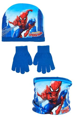Marvel Spiderman Mütze, Handschuhe und Schal Set | Winter | Beanie | The Amazing Spider-Man | Loop | Schlauchschal kleine Geschenke für Jungen (Blau, 54)