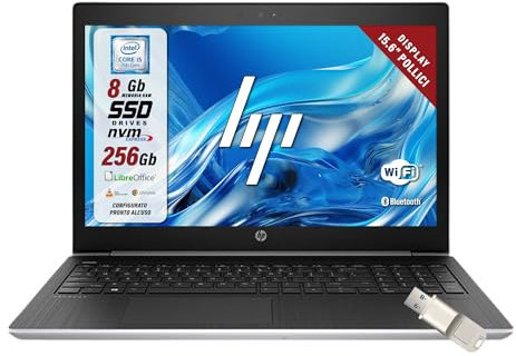 HP Probook, Pc Portatile intel i5-7200u 2.5Ghz 2 Core, Display HD da 15.6, Ram 8Gb, SSD 256Gb, Win 10, Notebook Pronto all'uso con Libre Office, Omaggio Chiavetta USB FingerPrint (Ricondizionato)