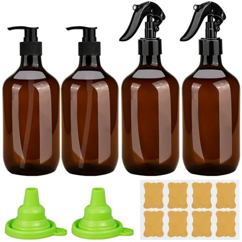 benlidoner Soap Dispenser Set with 2 Pcs Spray Bottles 500ml Amber Pump Bottle Dispenser Refillable Hand and Dish Soap Dispenser with Label Funnel for Bathroom Kitchen Countertop, 4 Pack
