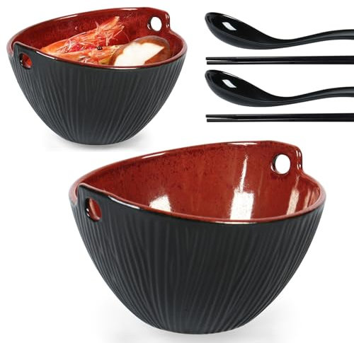 STE-CER Lot de 2 bols à ramen en céramique avec baguettes, bols à nouilles et cuillères Pho de 17 cm, bols japonais pour pho, Udon, soba, nouilles, micro-ondes (rouge brûlé)
