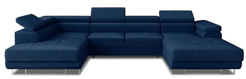 Wohnlandschaft Caris U mit Schlaffunktion und einstellbare Kopfstützen, Ecksofa mit Zwei Bettkästen, Couch, Sofa, Bettsofa (Blau (Kronos 09), Ecksofa Rechts)