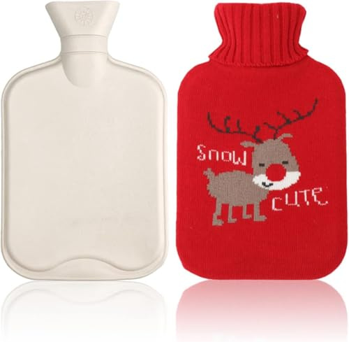 Hot Water Bottle 2 Litre Snow Reindeer Cute - with Premium Natural Rubber Hot Water Bag and Soft Fur Cover for Cramps Neck Shoulders Pain Relief Hot Cold Therapy Feet Warmer Reindeer