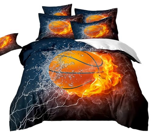 Basketball Bettwäsche 155x220, Basketball Bettwäsche-Set mit Wasser und Feuer Kombination, Bettbezug für Teenager und Kinder mit 2 Kissenbezügen 80x80, Versteckter Reißverschluss, Weich und Bequem