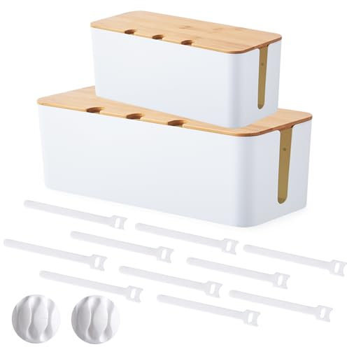 Cable Management Box 2 Pack, Cord Cable Organizer Box with Bamboo Lid, Under Desk Cable Management with 10 Cable Ties and 2 Cable Clip Holders for TV Router Computer USB Hub