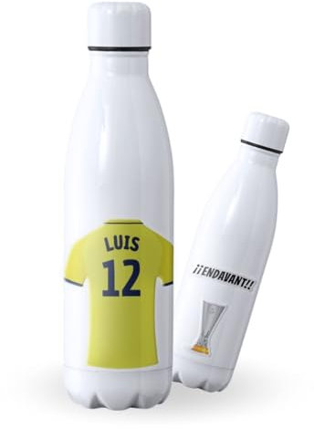 Botella de agua de Acero Inoxidable Personalizada equipo de Fútbol Barcelona. Botella termo personalizada deportiva. 700 ml Regalo Original para Aficionados del Futbol. (Villarreal)