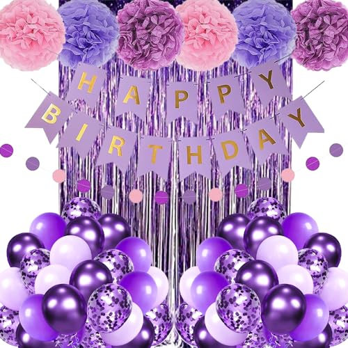 Lila Geburtstag Dekoration Set, Mädchen Frauen Geburtstagsdeko, Lila Happy Birthday Banner, Luftballons DIY Party Papier Pompoms Lametta Vorhang für Mädchen Geburtstag Deko Party Supplies Violett