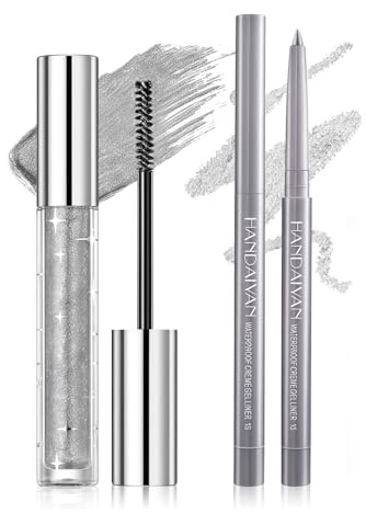 Prreal Silver Glitter Mascara & Eyeliner Set, Quick-dry Metallic Mascara Diamond Shimmer for Eyelashes, Eyeliner Waterproof, Long Lasting Curling Volumizing Eye Makeup for Party Festival