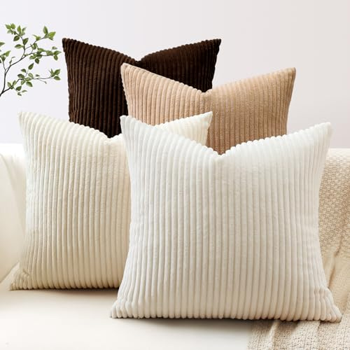 JOTOM 4er Set Cord Kissenbezüge Kissenhülle Dekorative Zierkissen Couchkissen Sofakissen Dekokissen Kordsamt Kissenbezug Deko Kissenhülle für Sofa Wohnzimmer (40x40cm, Braun Creme)