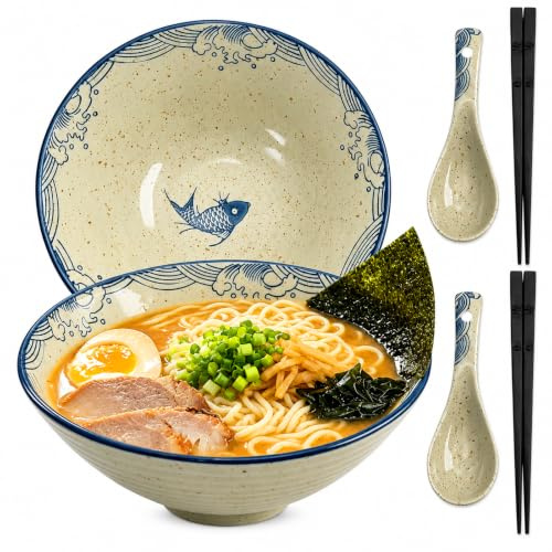 CIGAA Ramen Schüssel Set - 2 x 1200ml Ramen Bowl | Ramenschüssel aus Keramik | Japanische Suppenschüssel mit Essstäbchen und Löffeln | Mikrowelle & Spülmaschinenfest