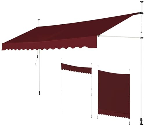 GOPLUS Klemmmarkise 400cm breit, Markise Balkon ohne Bohren, Markise mit Handkurbel, UV-beständig höhenverstellbar wasserabweisend, Sonnenschutz für Balkon Terrasse & Garten (Weinrot, 400cm)