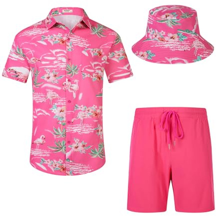 SPKPKEY Herren Hawaiihemd & Shorts Set Regular Fit Kurzarm Casual Strandoutfit mit Bucket Hut S-XXL