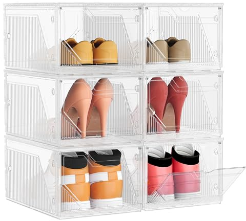 SONGMICS Schuhboxen 6er Set, stapelbar, mit Magnettverschluss, durchsichtig | Schuh-Organizer, Aufbewahrungsbox, aus Kunststoff, quer und längs, für Schuhe bis Größe 46, DENNYS Kollektion LSP806WH01