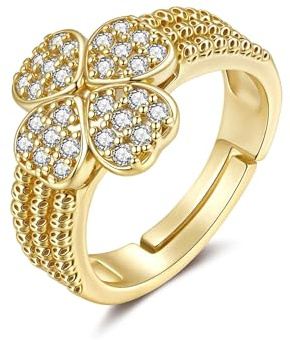 Joo&Rind Ring Gold Damen Kleeblatt Ringe Verstellbar aus Zirkonia 14K Vergoldet Wasserfest Glücksbringer Schmuck Geschenk für Frauen