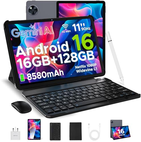 DOOGEE U11 Android 16 Tablet 11 inch Tablets with 16GB RAM+128GB(2TB) ROM 8580mAh Battery, 90Hz IPS Screen Android Tablets with pen, 13MP+5MP Camera Wifi Gaming Tablet with Keyboard Mouse Case-Gray