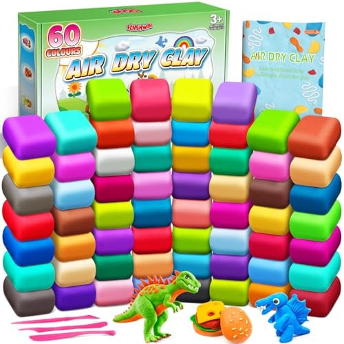 Modelliermasse Lufttrocknend, 60 Farben Lufttrockener Magischer Knete für Kinder, Air Dry Clay