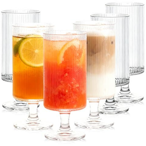 6 Stück Ribbed Vintage Weingläser, 12 oz klare Fluted Wasser Becher Gläser, Vintage klare Cocktail Tassen ideal für unterhaltsame Parteien Geschirrspüler sicher perfekt für Wein Whisky Champagnersäfte